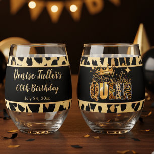 Fun Leopard Birthday Queen Sixty Birthday Stemless Wine Glass