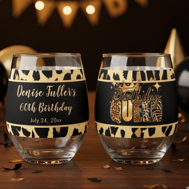 Fun Leopard Birthday Queen Sixty Birthday Stemless Wine Glass (Creator Uploaded)