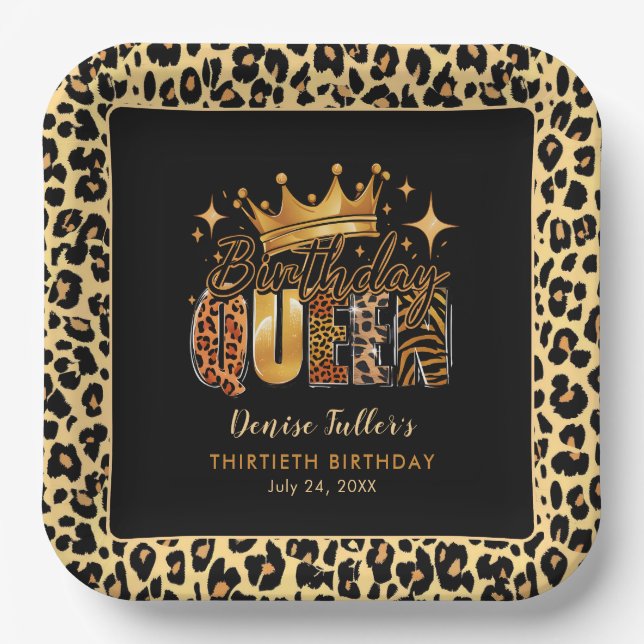 Fun Leopard Birthday Queen Thirty Birthday Paper Plate (Front)