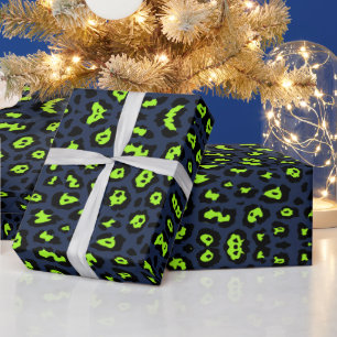 Fun leopard print neon chartreuse green navy blue wrapping paper