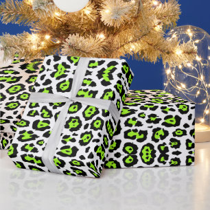 Fun leopard print neon chartreuse green white chic wrapping paper