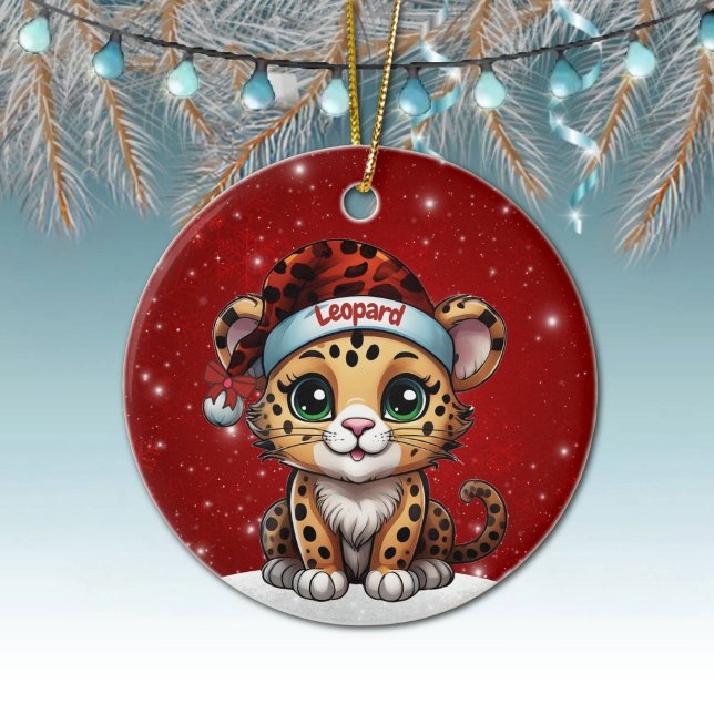 Fun Leopard Red Sparkle Animal Print Lover 🐆🐈🐾 Ceramic Ornament (Custom Name Leopard Red Sparkle Ornament Personalizable cat lover Decor Kitten Xmas Decoration 🐆🎄)