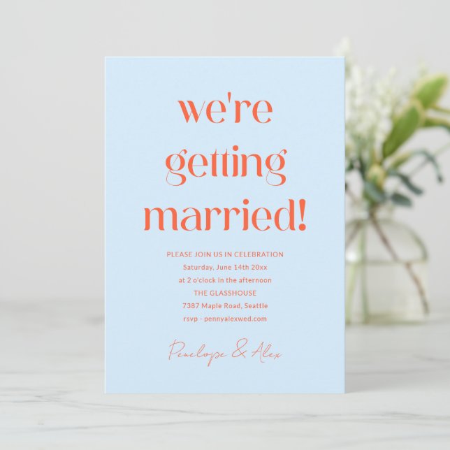 Fun Light Blue Persimmon Orange Bold Wedding Invitation (Standing Front)