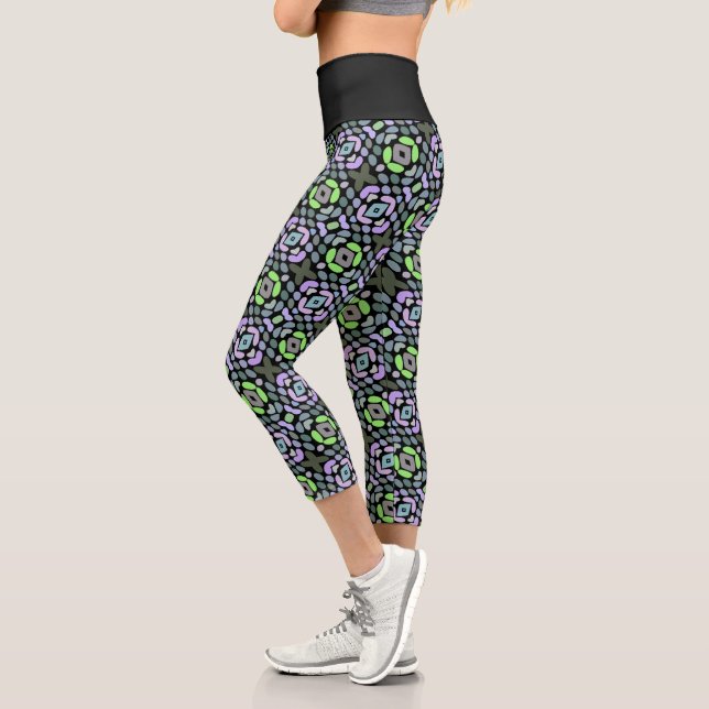 Fun Light Blue Pink Purple Lime Green Tribal Art Capri Leggings (Left)
