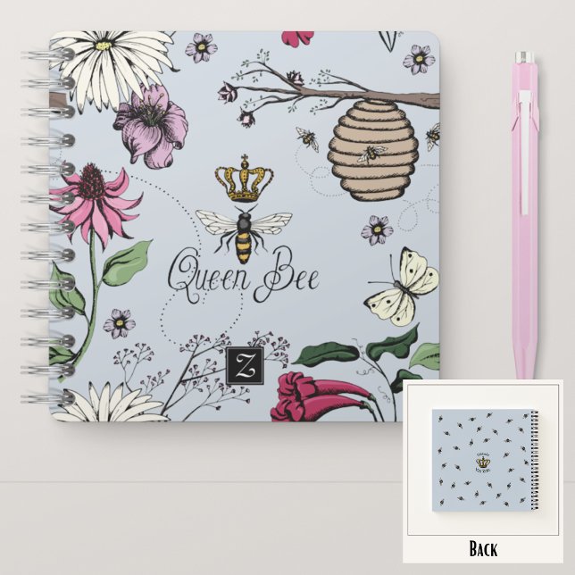 Fun Light Blue Queen Bee & Crown Floral Monogram Notebook (Royal Queen Bee Hand-Drawn Design & Monogram
On the Back: Pattern & Editable "Mommy You Rule" Text)