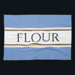 Fun Light Blue White Kitchen FLOUR Racing Stripes Tea Towel<br><div class="desc">This retro culinary design features FLOUR text inside a wide white centre stripe highlighted with black,  yellow,  and white racing stripes against soft blue outer stripes.  The text can be personalised.</div>