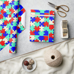 Fun Light Green, Blue, Red & White Jigsaw Puzzle Wrapping Paper