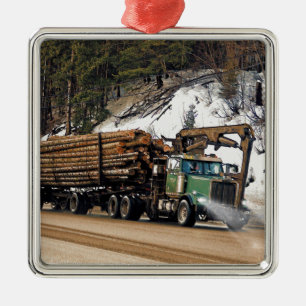 Fun Log In - Log Out Logging Trucker Art Design Metal Tree Decoration