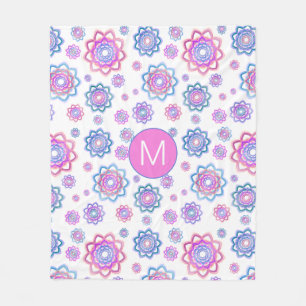 Fun Lotus Flower Monogram Pink Blue Green Fleece Blanket