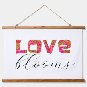 fun love blooms word art hot pink and white hanging tapestry