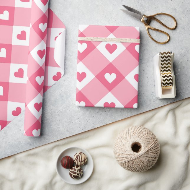 Fun Love Pink And White Heart Plaid  Pattern  Wrapping Paper (Crafts)