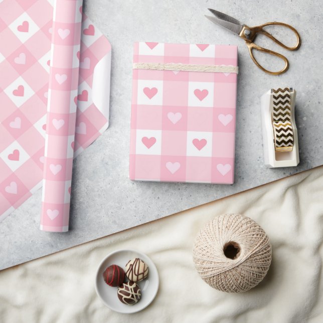 Fun Love Pink And White Plaid Heart Pattern  Wrapping Paper (Crafts)