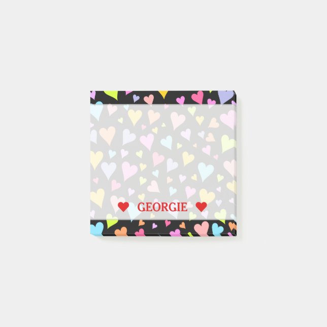 Fun, Loving, Colourful Hearts Pattern & Custom Post-it Notes (Front)