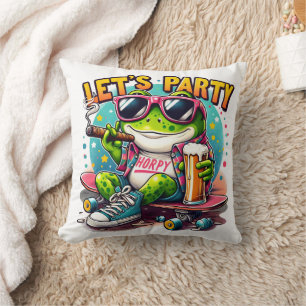 Fun-loving frog skateboarder ready to celebrate cushion