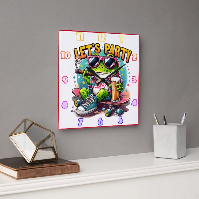 Fun-loving frog skateboarder ready to celebrate square wall clock (Office)
