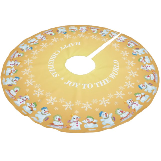 Fun Loving Snowmen and Snowflakes Gold Brushed Polyester Tree Skirt (Angled)