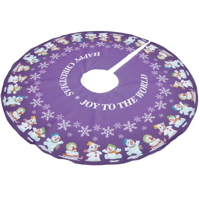 Fun Loving Snowmen and Snowflakes Purple Brushed Polyester Tree Skirt (Angled)