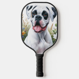 Fun Loving White Boxer Dog Amidst the Flowers Pickleball Paddle