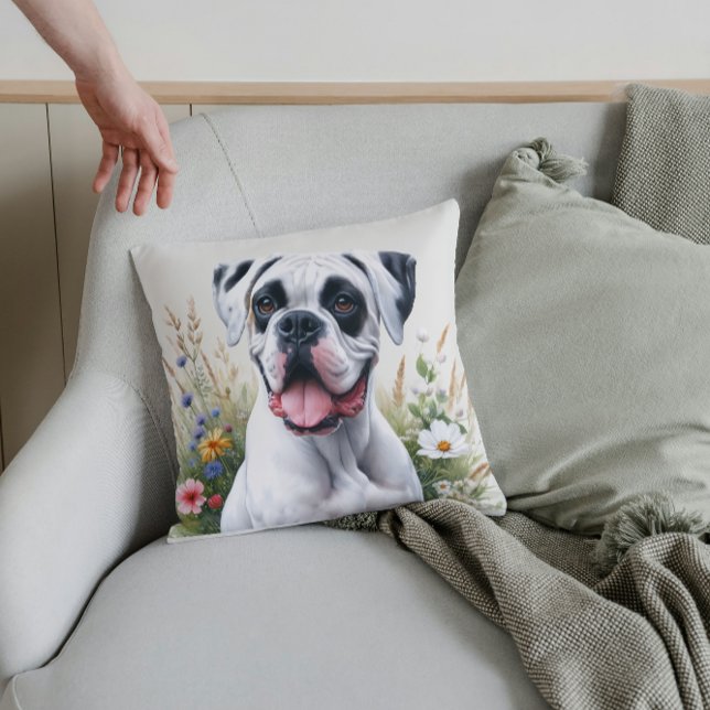 Fun Loving White Boxer Dog in the Flowers Cushion (Creator Uploaded)
