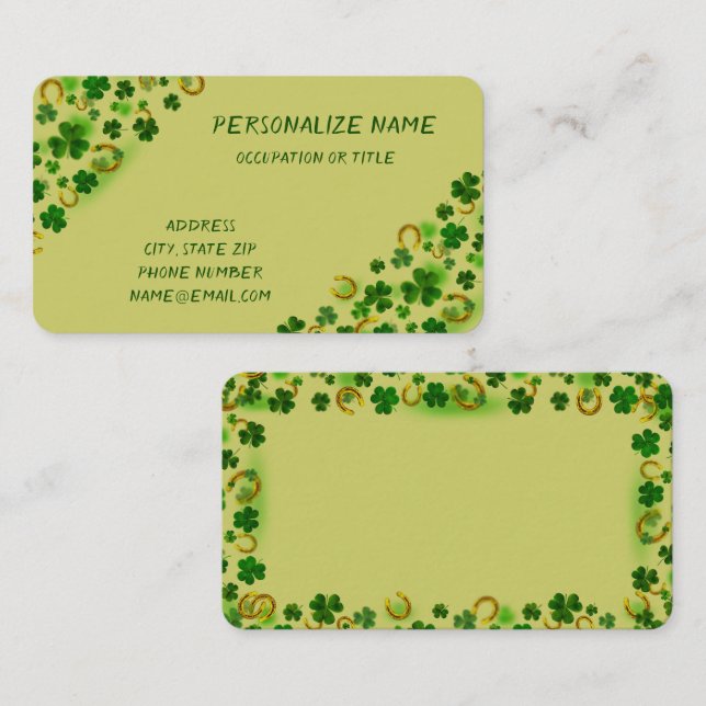 Fun Lucky Green Four Leaf Clover Gold Horseshoe Business Card (Front/Back)