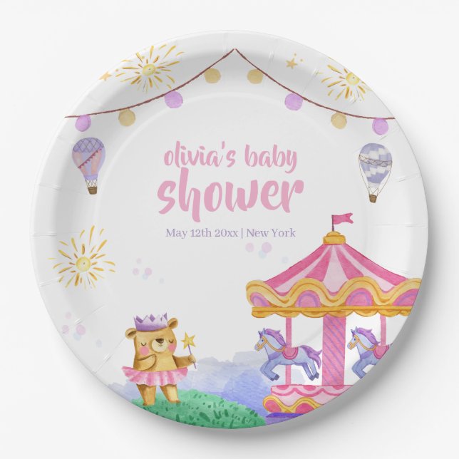 Fun Magical Hot Air Balloon Carousel Baby Shower Paper Plate (Front)