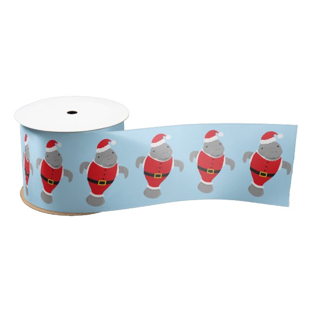 Fun Manatee Santa Animal Christmas Satin Ribbon (Spool)