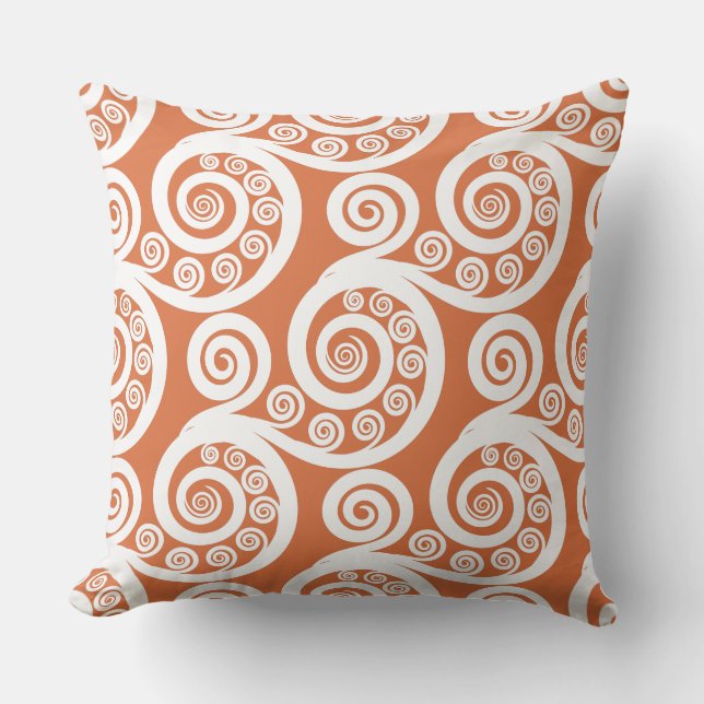 Fun Mandarin & White Fern Frond Swirl Throw Pillow (Front)