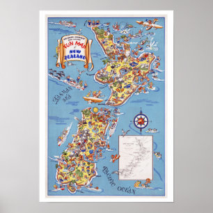Fun Map of New Zealand ~ Vintage Travel Poster