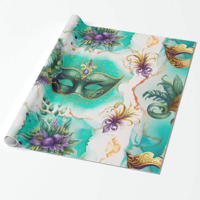 Fun Mardi Gras Masks Wrapping Paper (Unrolled)