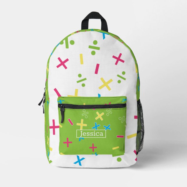Fun Math Symbols Bright Green Printed Backpack (Front)