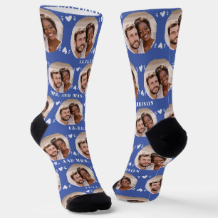 Fun Medium Blue Newlyweds Photo Pattern Socks
