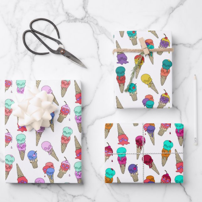 Fun Melty Summer Goth Skull Ice Cream on white Wrapping Paper Sheet (Front)