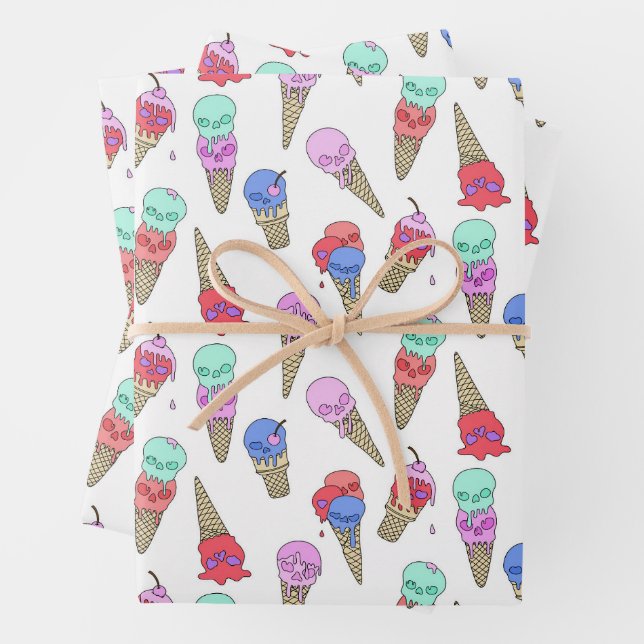 Fun Melty Summer Goth Skull Ice Cream pastel white Wrapping Paper Sheet (In situ)