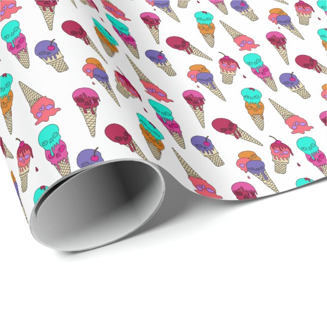 Fun Melty Summer Goth Skull Ice Cream weird white Wrapping Paper (Roll Corner)
