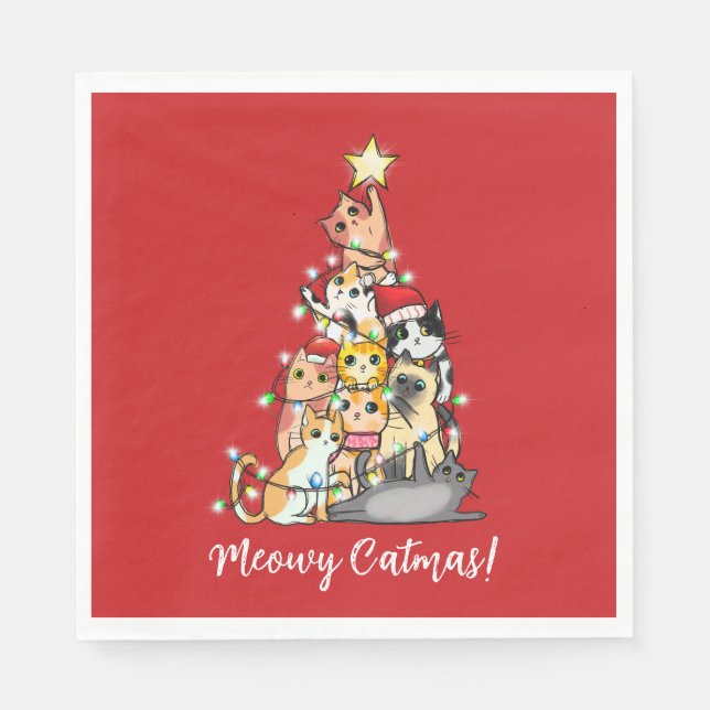 Fun Meowy Catmas Cats Christmas Tree Custom Napkin (Front)