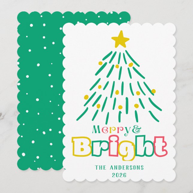 Fun Merry & Bright Cute Hand Draw Christmas Tree  Holiday Card (Front/Back)