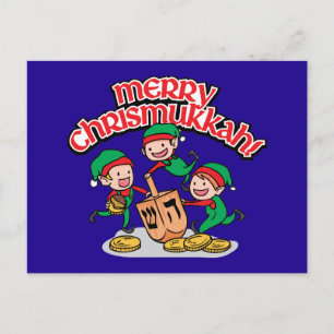 Fun Merry Chrismukkah Elves Dreidels Blue Postcard