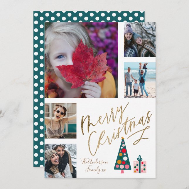 Fun Merry Christmas Gold Script Photo Collage Tree Holiday Card (Front/Back)