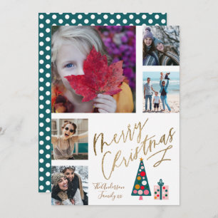 Fun Merry Christmas Gold Script Photo Collage Tree Holiday Card