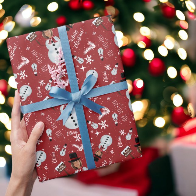 Fun merry Christmas illustration photo snowman Wrapping Paper (Fun merry Christmas illustration photo snowman Wrapping Paper on red)