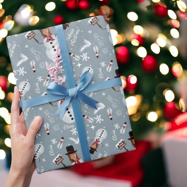 Fun merry Christmas illustration photo snowman Wrapping Paper (Fun merry Christmas illustration photo snowman Wrapping Paper on blue)