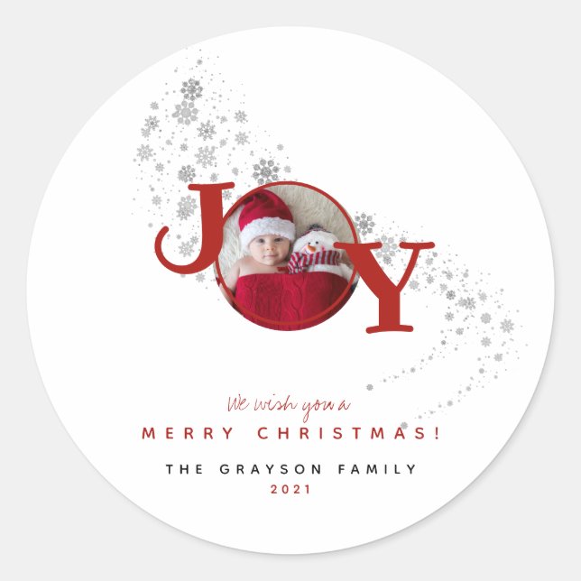 Fun Merry Christmas Joy Photo Holiday  Classic Round Sticker (Front)