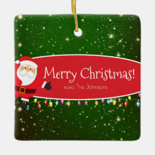 Fun Merry Christmas Santa Last Name Red and Green Ceramic Ornament