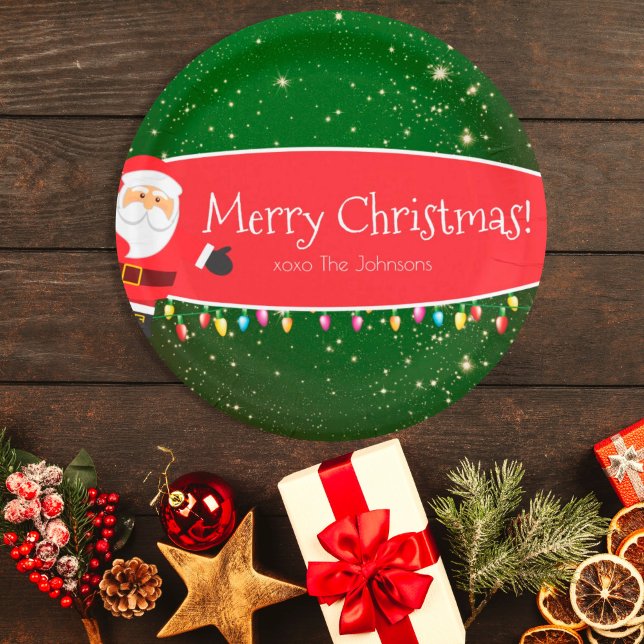  Fun Merry Christmas Santa Last Name Red and Green Paper Plate (Creator Uploaded)
