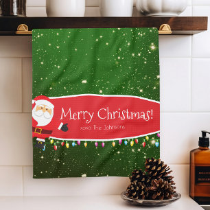 Fun Merry Christmas Santa Last Name Red and Green Tea Towel