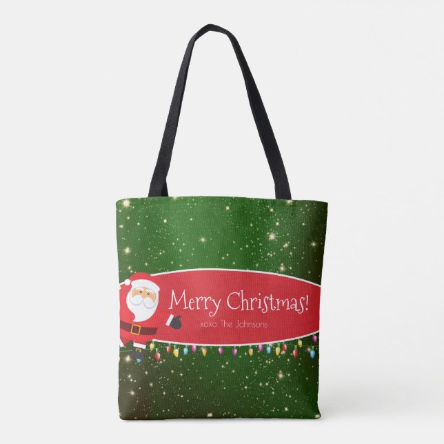  Fun Merry Christmas Santa Last Name Red and Green Tote Bag (Back)