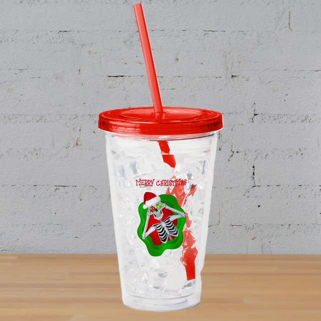 Fun Merry Christmas Skeleton Ornaments Splatter Acrylic Tumbler (Happy Skeleton Santa Hat ornaments in round wavy shape on Merry Christmas acrylic drink tumbler.)