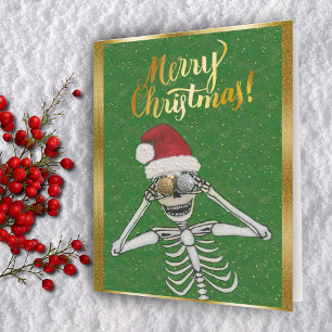 Fun Merry Christmas Skeleton Santa Hat Gold Holiday Card
