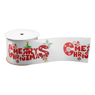 Fun Merry Chritmas Text With Bells Satin Ribbon
