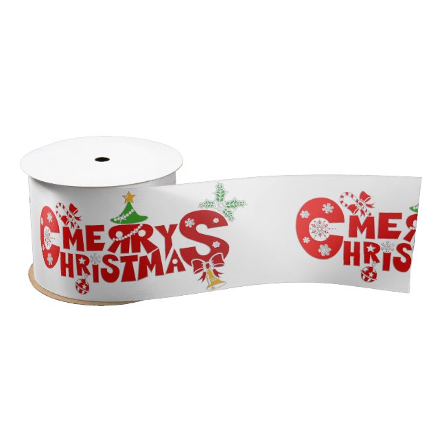 Fun Merry Chritmas Text With Bells Satin Ribbon (Spool)